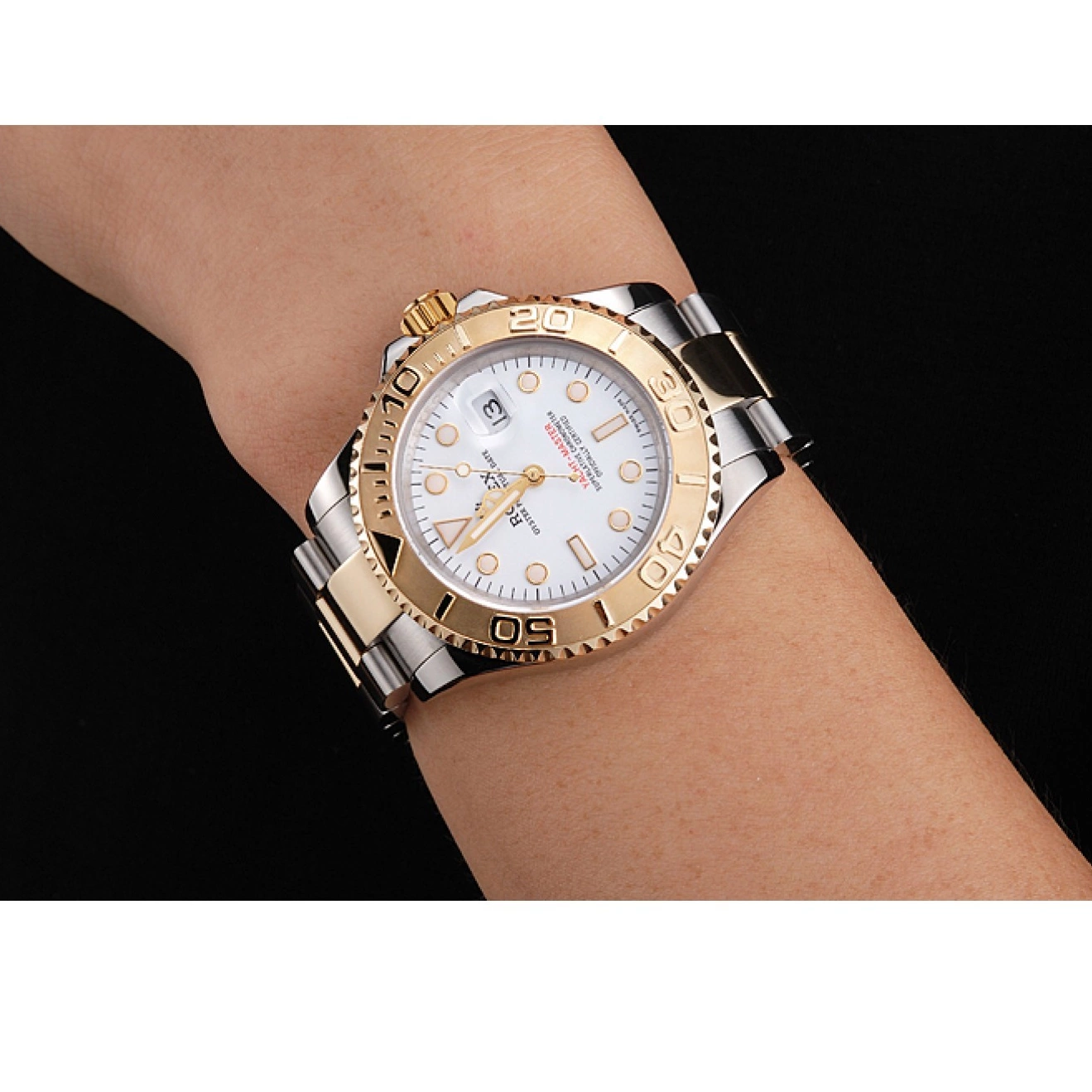 Best AAA Replica Sites Two Bezel White Bracelet Yacht-Master Steel Tone Gold Case Swiss Stainless Rolex Dial 0522